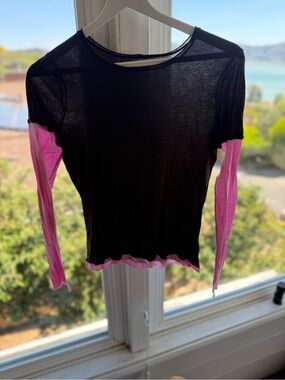 Three Dots Black Top with Pink Long Sleeves